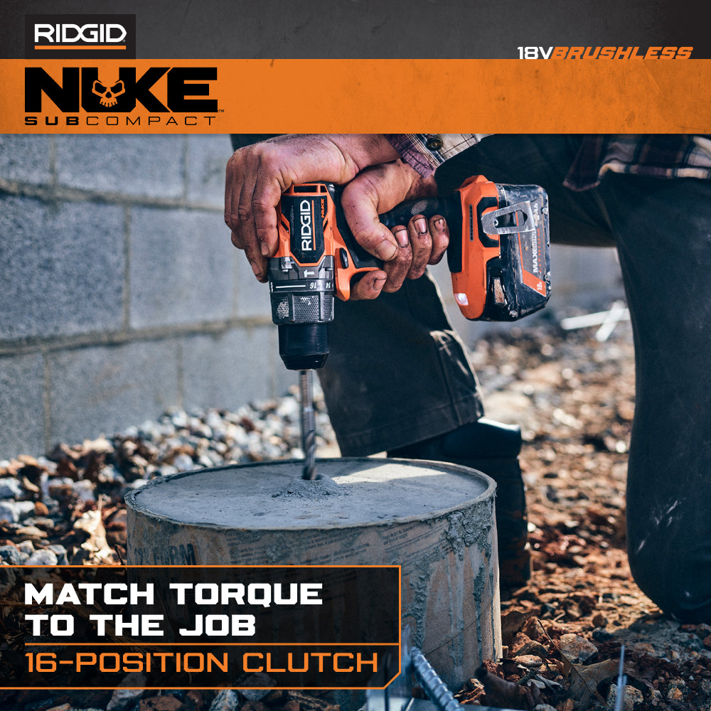 RIDGID 18V NUKE SubCompact Brushless 2-Tool Combo Kit with Hammer Drill, 4-Mode Impact Driver, (2) Batteries & Charger