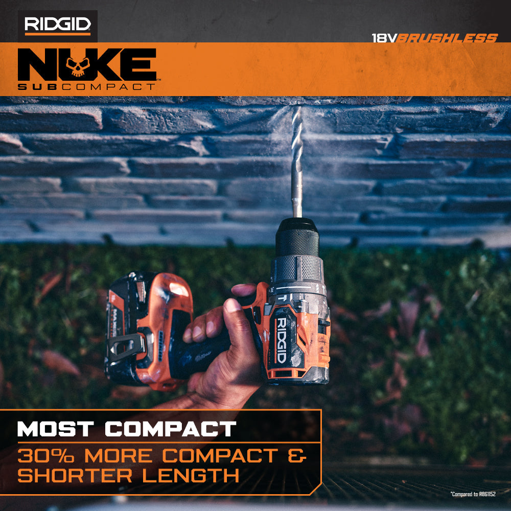 RIDGID 18V NUKE SubCompact Brushless 2-Tool Combo Kit with Hammer Drill, 4-Mode Impact Driver, (2) Batteries & Charger