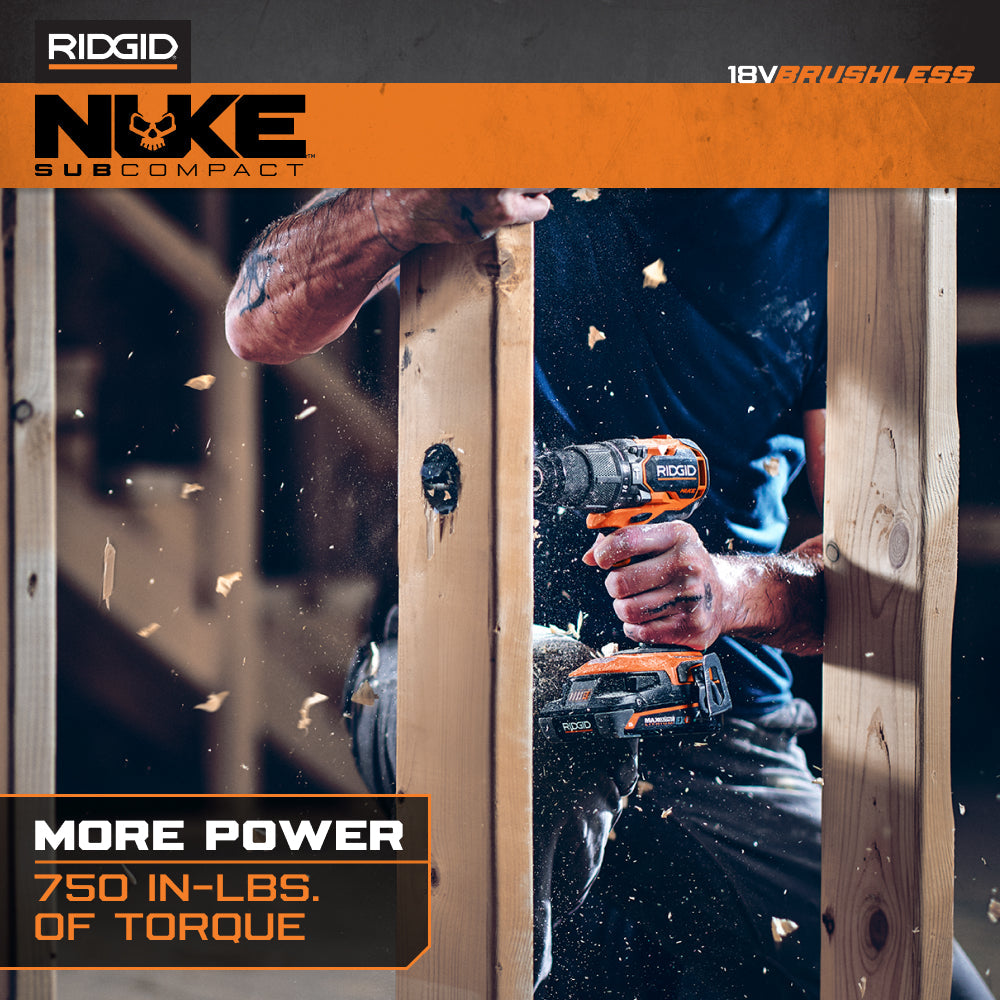 RIDGID 18V NUKE SubCompact Brushless 2-Tool Combo Kit with Hammer Drill, 4-Mode Impact Driver, (2) Batteries & Charger