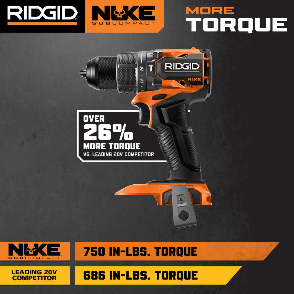 RIDGID 18V NUKE SubCompact Brushless 2-Tool Combo Kit with Hammer Drill, 4-Mode Impact Driver, (2) Batteries & Charger