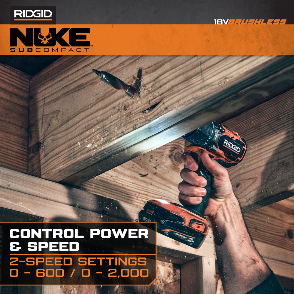 RIDGID 18V NUKE SubCompact Brushless 2-Tool Combo Kit with Hammer Drill, 4-Mode Impact Driver, (2) Batteries & Charger