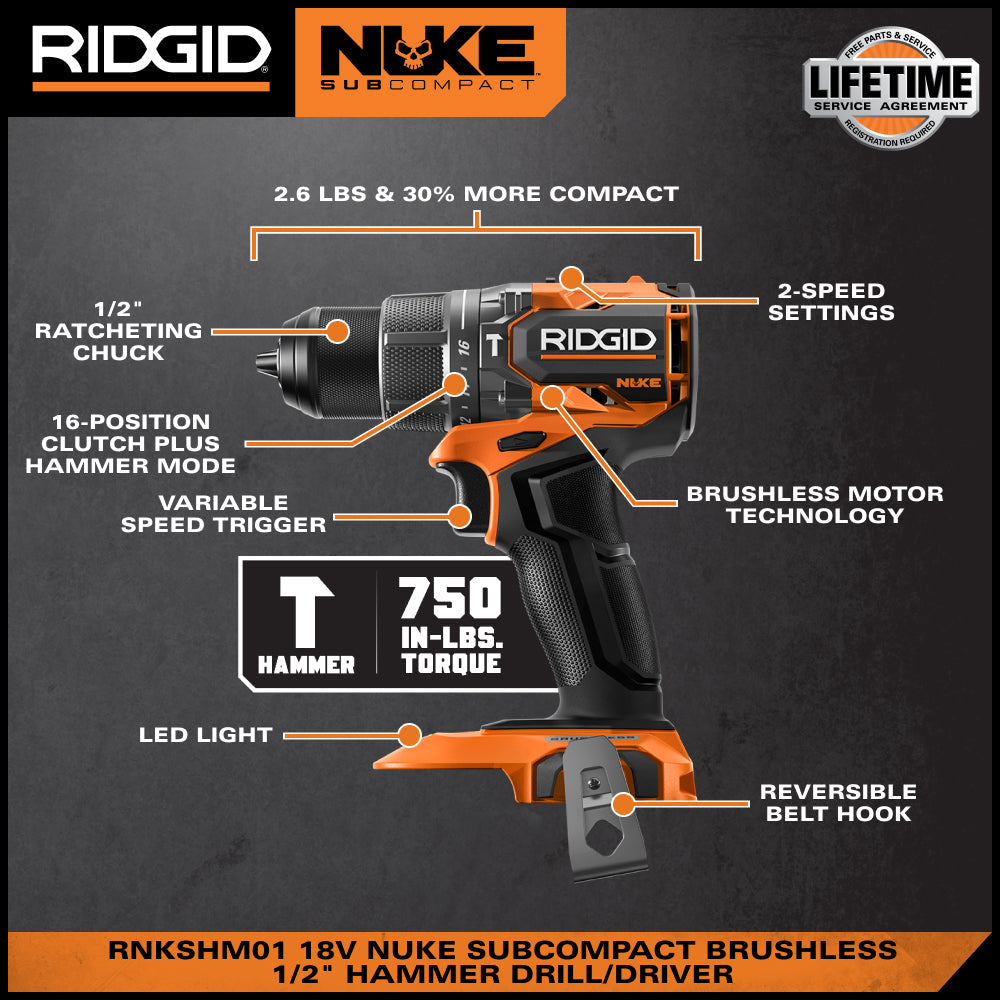 RIDGID 18V NUKE SubCompact Brushless 2-Tool Combo Kit with Hammer Drill, 4-Mode Impact Driver, (2) Batteries & Charger