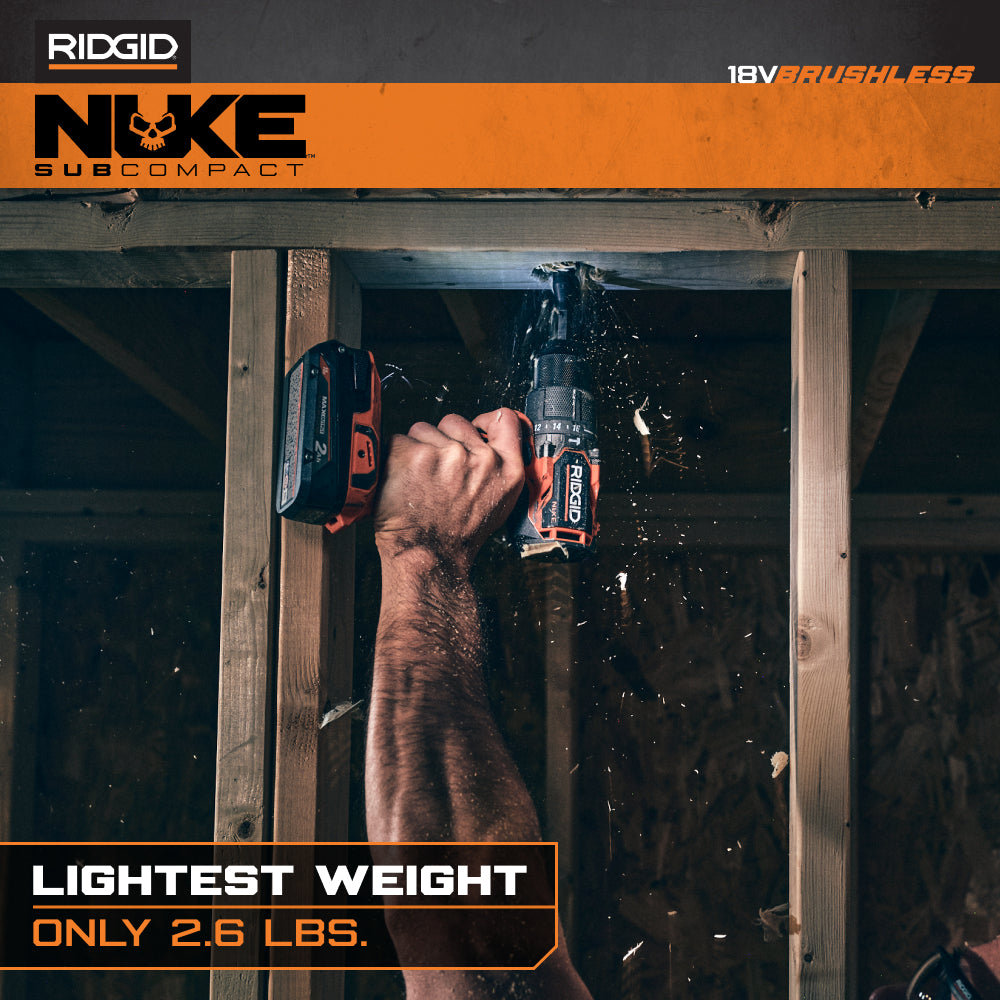 RIDGID 18V NUKE SubCompact Brushless 2-Tool Combo Kit with Hammer Drill, 4-Mode Impact Driver, (2) Batteries & Charger