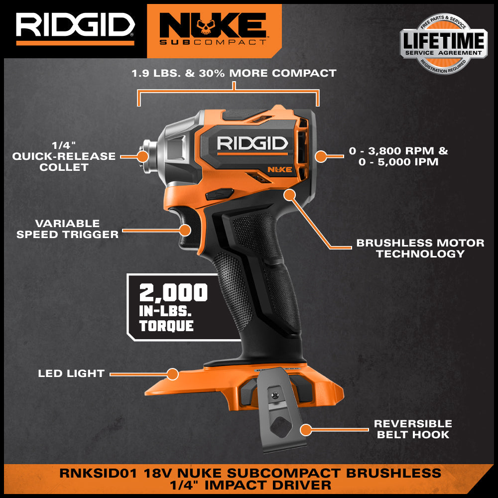 RIDGID 18V NUKE SubCompact Brushless 2-Tool Combo Kit with Drill Driver, Impact Driver, (2) Batteries & Charger
