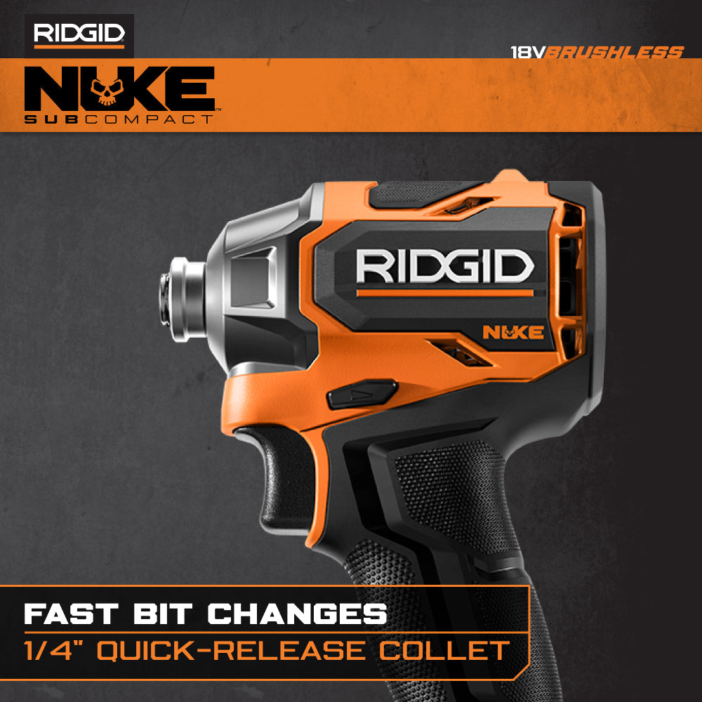 RIDGID 18V NUKE SubCompact Brushless 2-Tool Combo Kit with Hammer Drill, 4-Mode Impact Driver, (2) Batteries & Charger