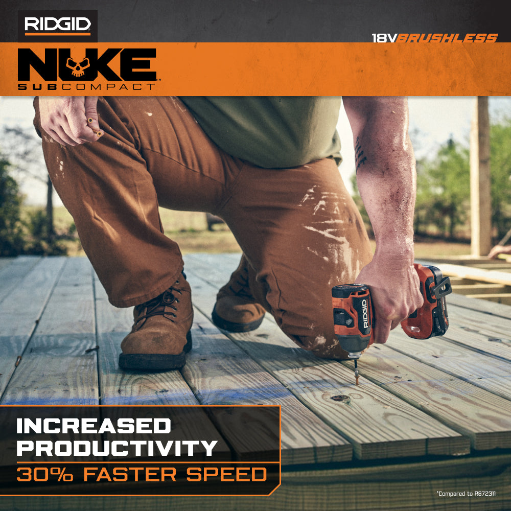 RIDGID 18V NUKE SubCompact Brushless 2-Tool Combo Kit with Hammer Drill, 4-Mode Impact Driver, (2) Batteries & Charger