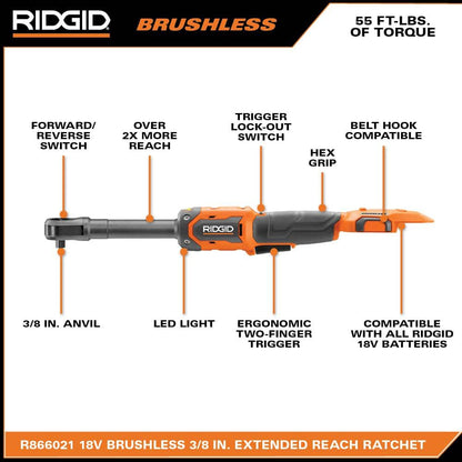 18V Brushless Cordless 3/8 in. Extended Reach Ratchet (Tool Only)