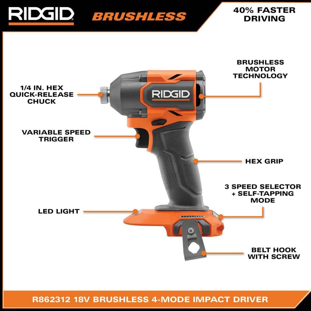 18V Brushless Cordless 4-Mode Impact Driver Kit with 2.0 Ah MAX Output Battery, Charger, and Case