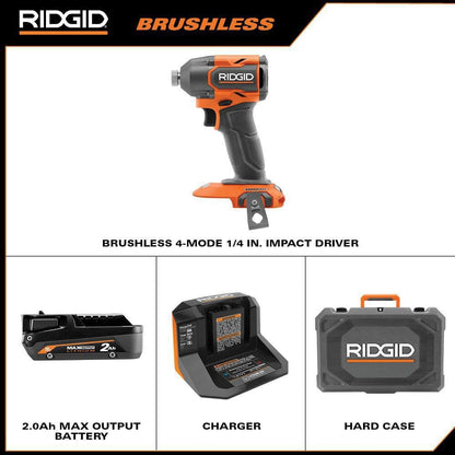 18V Brushless Cordless 4-Mode Impact Driver Kit with 2.0 Ah MAX Output Battery, Charger, and Case