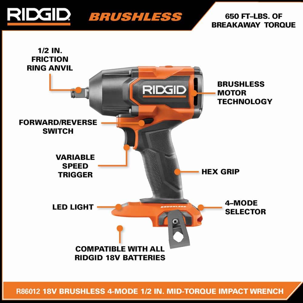 18V Brushless Cordless 4-Mode 1/2 in. Mid-Torque Impact Wrench with Friction Ring (Tool Only)