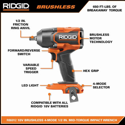 18V Brushless Cordless 4-Mode 1/2 in. Mid-Torque Impact Wrench with Friction Ring (Tool Only)