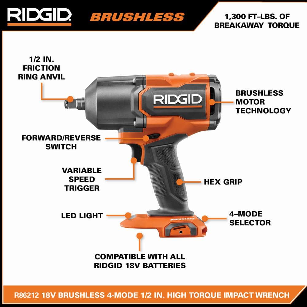 18V Brushless Cordless 4-Mode 1/2 in. High-Torque Impact Wrench (Tool Only)