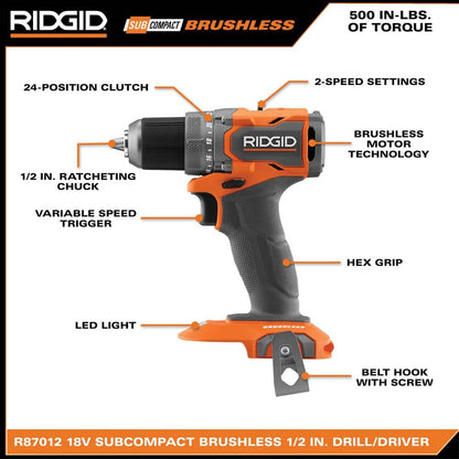 18V SubCompact Brushless Cordless 1/2 in. Drill/Driver Kit with (2) 2.0 Ah Batteries, Charger, and Tool Bag