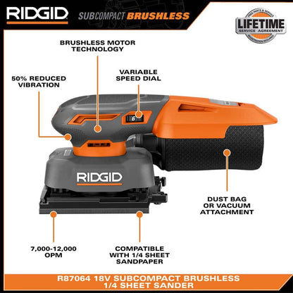 18V SubCompact Brushless Cordless 1/4 Sheet Sander (Tool Only)