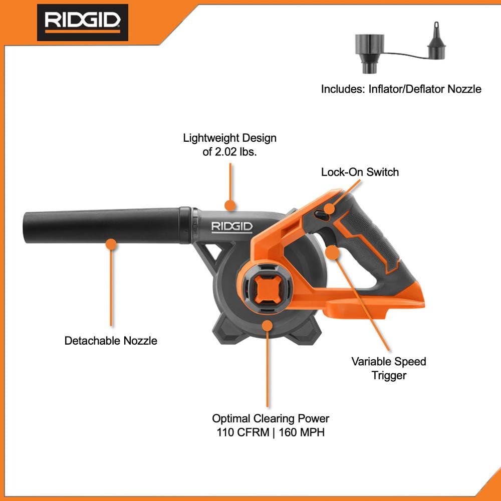 18V Lithium-Ion Cordless Compact Jobsite Blower with Inflator/Deflator Nozzle
