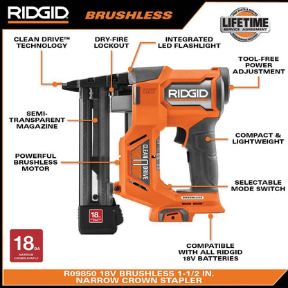 18V Brushless Cordless 18-Gauge Narrow Crown Stapler Kit with 2.0 Ah Battery and Charger